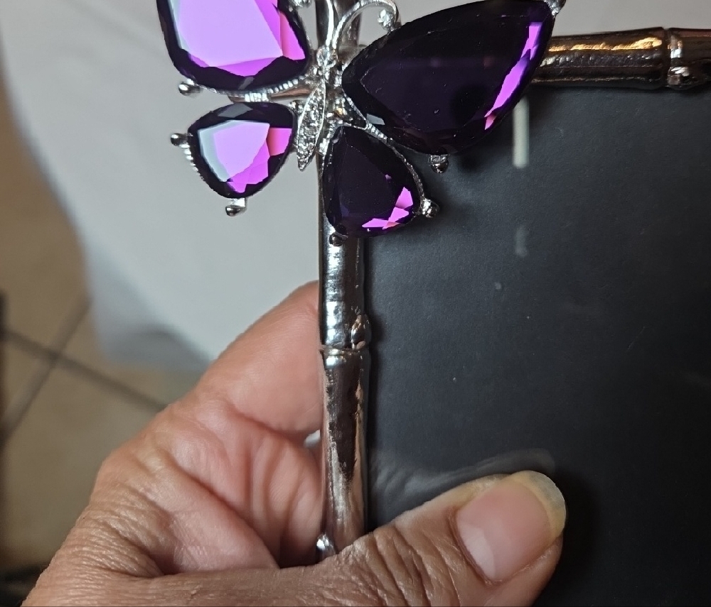 Silver Bamboo Frame with Purple Butterfly Accent 4x4. - Picture 4 of 5